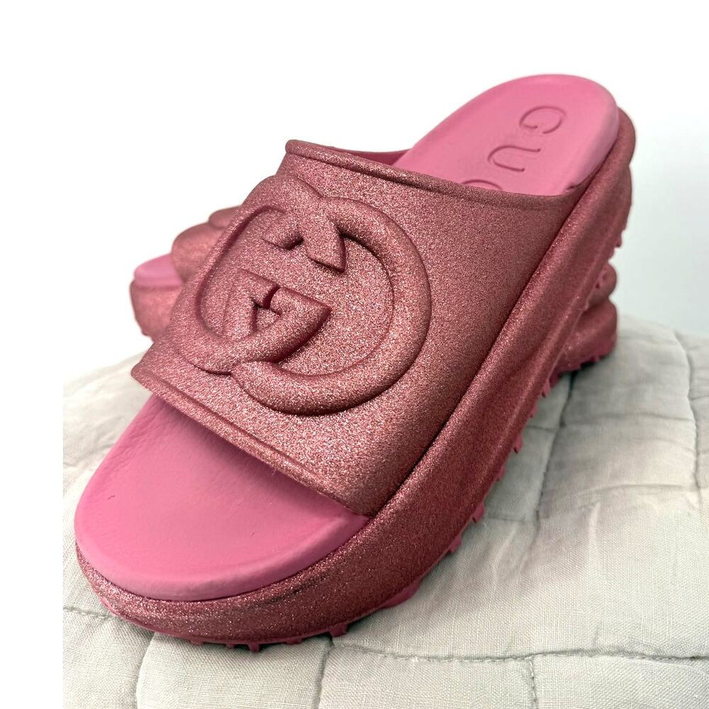 Gucci Platform Slides Sandals Pink Glitter Miami Rubber Interlocking G Size 38